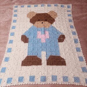 Handmade Crochet Baby Blanket Brown Bear Yarn Blue Border pink in bear outfit ni
